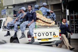 Ethiopian Federal Police  members ride through Addis Ababa, May 21, 2010. AP 
